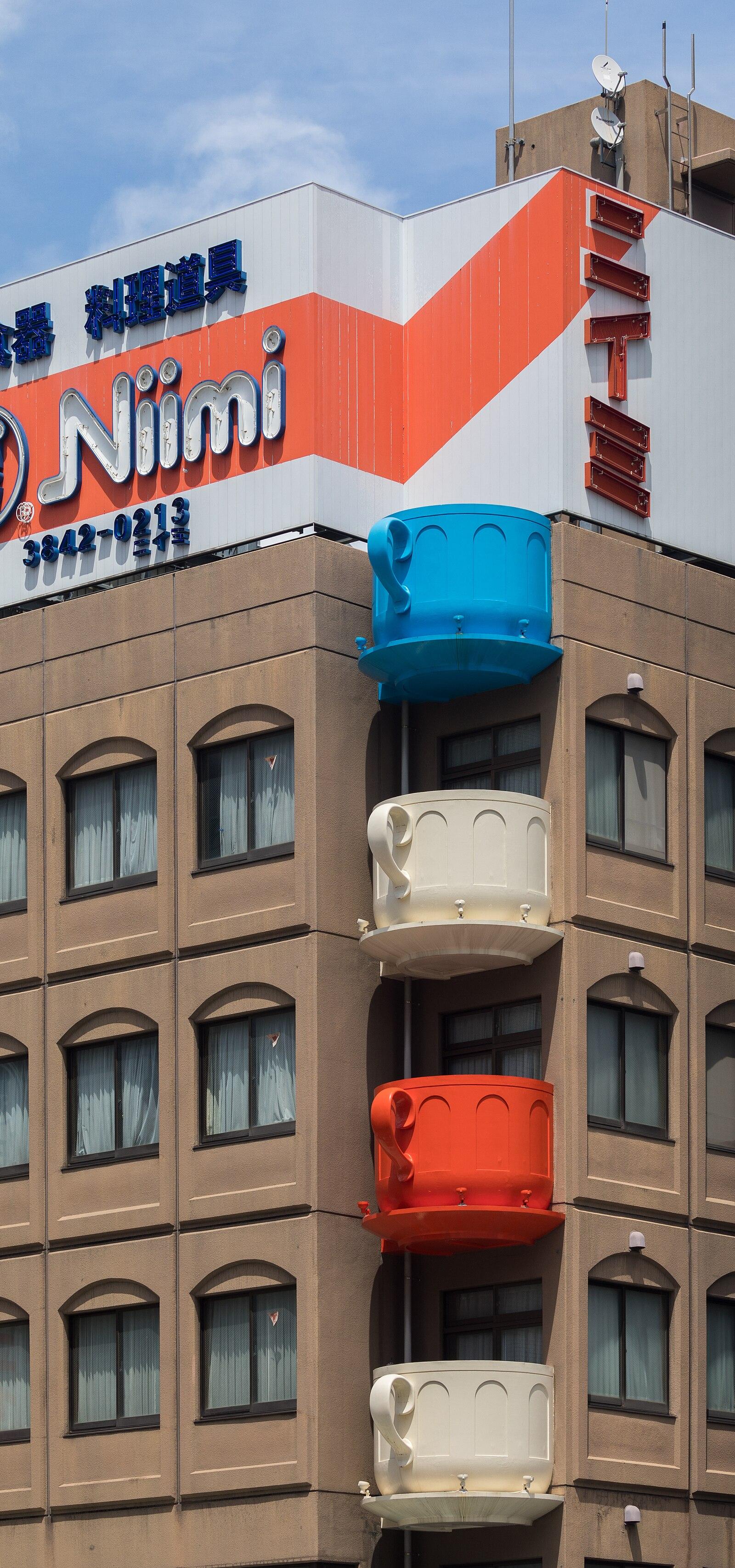 Coffee cup shaped balconies, Niimi Tableware, Kappabashi Dougu Street, Tokyo, Japan (side view)